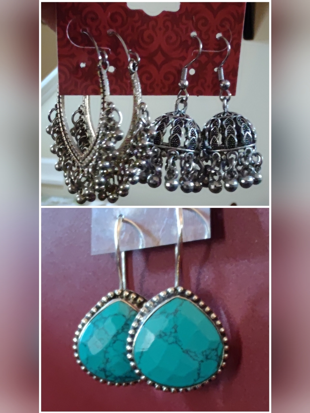 EARRINGS LOT - 3 PAIRS: SILVER JHUMKAS + (JHUMKI) & TIBETAN SILVER TURQUOISE